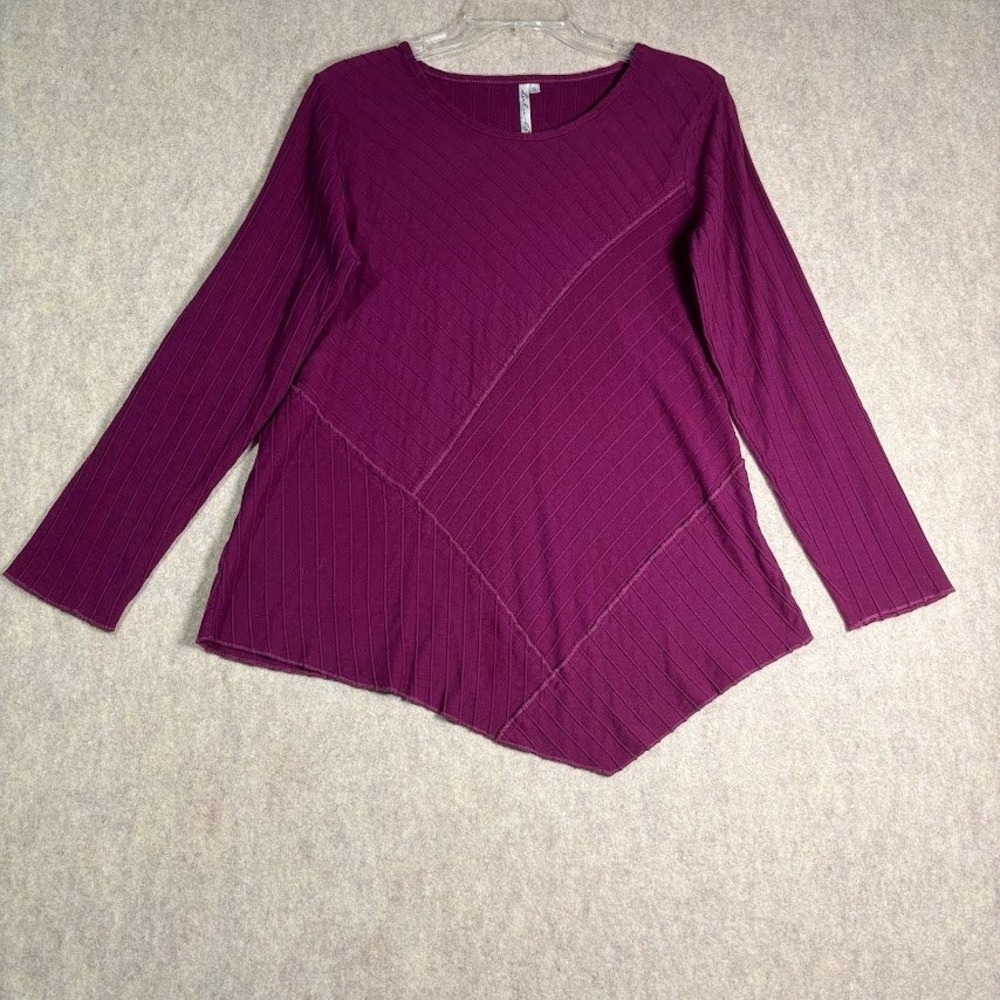 Lulu-B Top Women S Purple Cotton Ribbed Long Sleeve Asymmetrical Sharkbite Chic